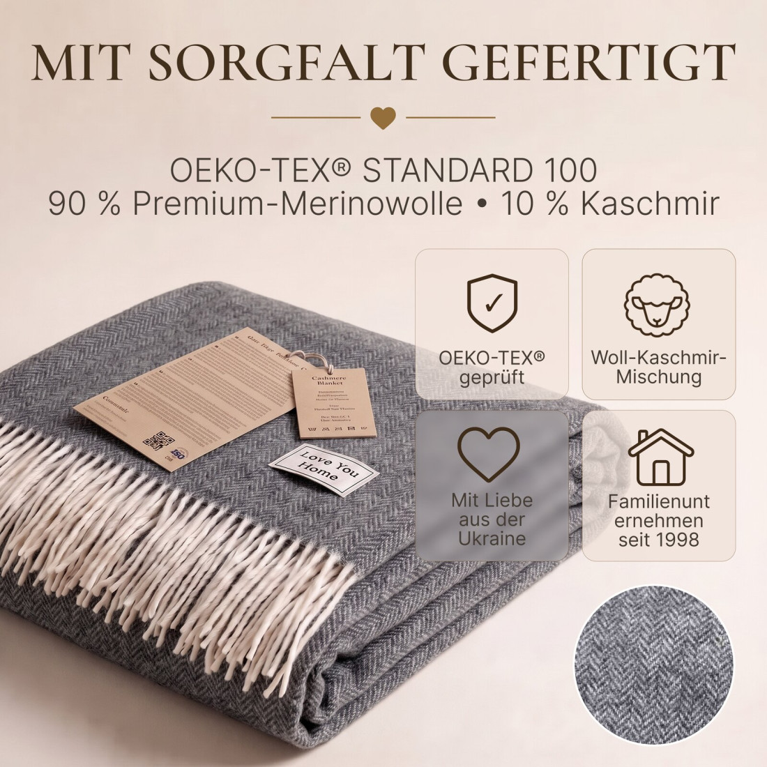Kaschmir Wolldecke mit Merino Fischgrät · 10
