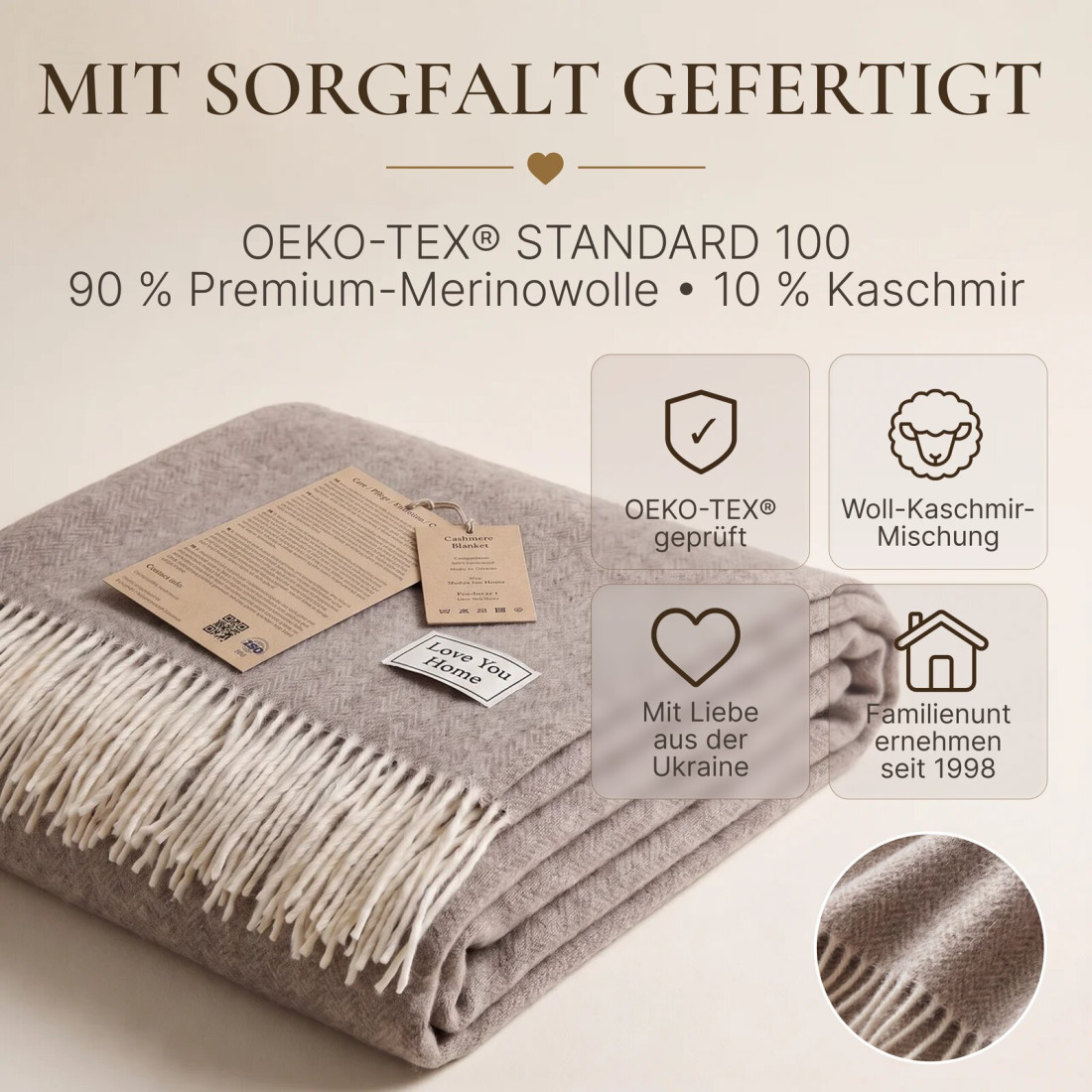 Kaschmir Wolldecke mit Merino Fischgrät · 10