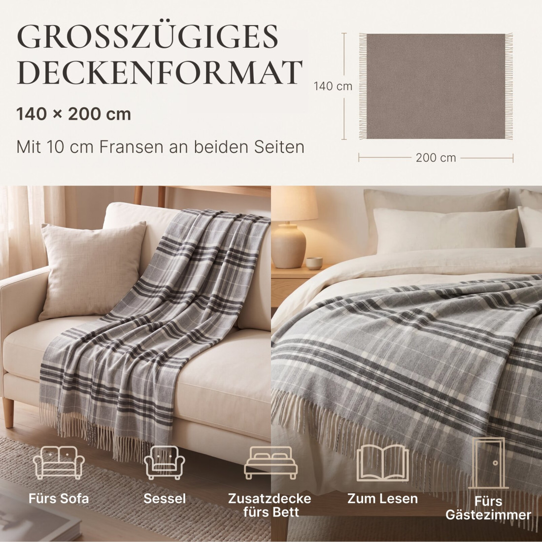Kaschmir Wolldecke mit Merino Tartan · 5