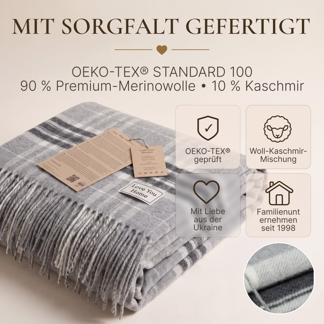 Kaschmir Wolldecke mit Merino Tartan · 10